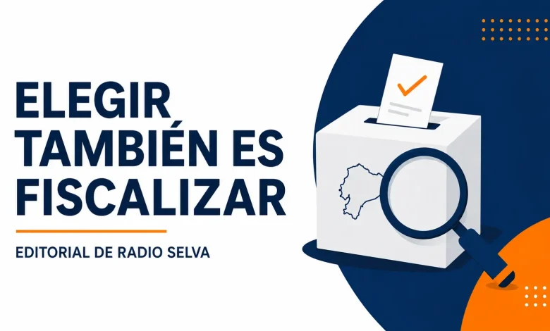 Urna electoral y lupa en el editorial Elegir también es fiscalizar de Radio Selva