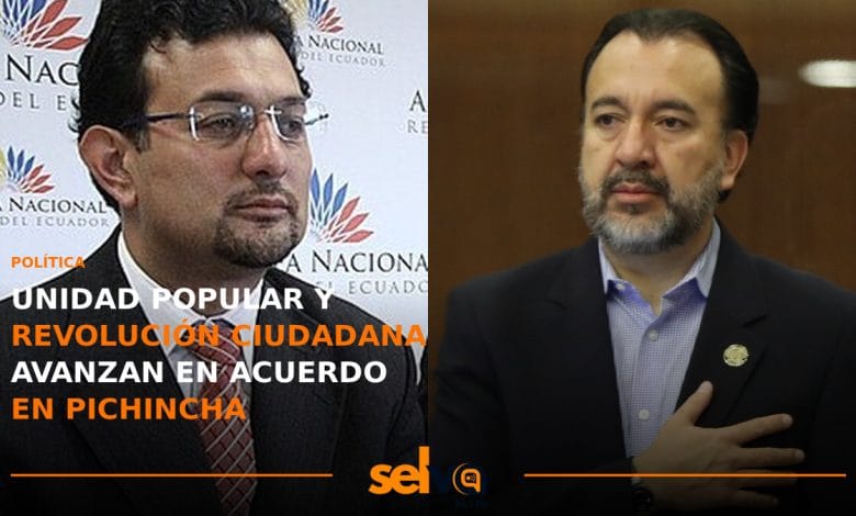 Pabel Muñoz y dirigentes políticos ante el acuerdo electoral entre Unidad Popular y Revolución Ciudadana en Pichincha