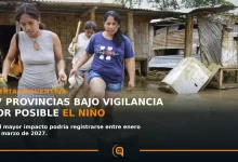 Gráfica sobre las 17 provincias bajo vigilancia por el posible fenómeno de El Niño 2026-2027 en Ecuador.