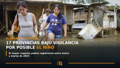 Gráfica sobre las 17 provincias bajo vigilancia por el posible fenómeno de El Niño 2026-2027 en Ecuador.