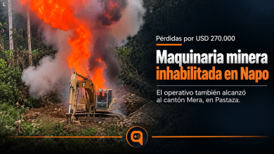 Maquinaria inhabilitada durante un operativo militar contra la minería ilegal en Napo y Pastaza